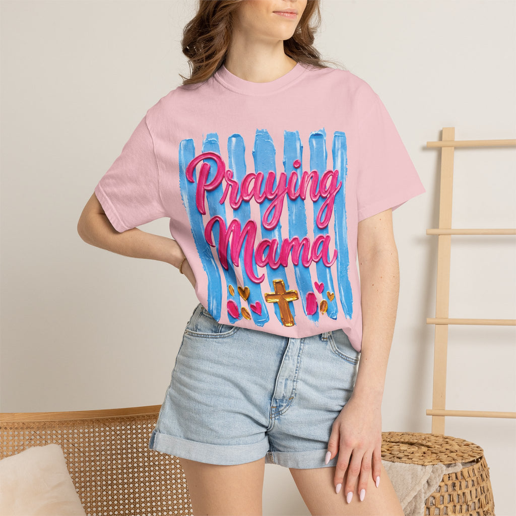 Praying Mama T-shirt | Christian Cross, Hearts, Blue Brushstroke