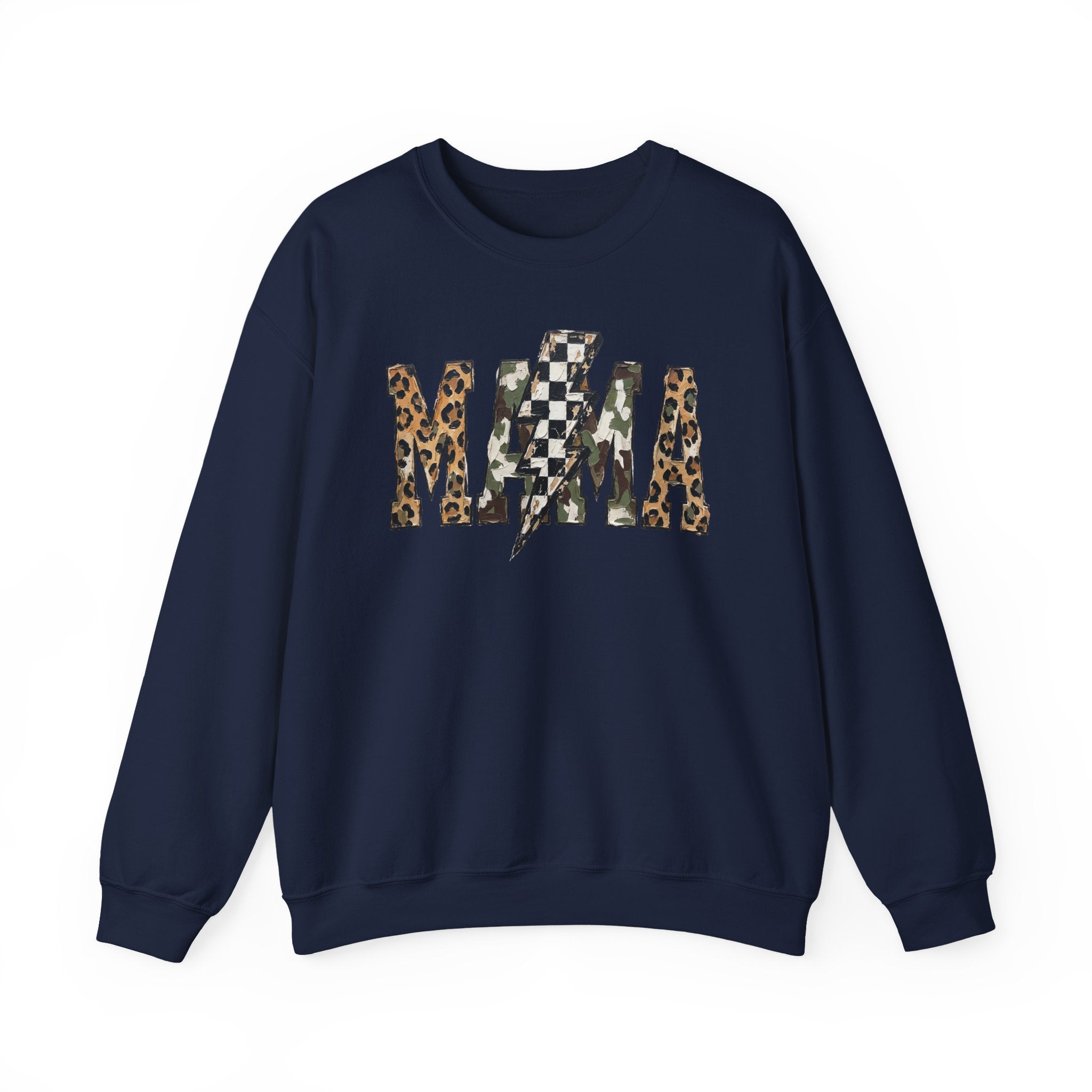Neutral Street Style MAMA Sweatshirt | Leopard & Camouflage Lightning Bolt Graphic | Cozy Mom Crewneck