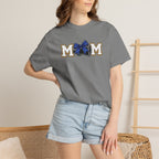 Mom Cheer support T-Shirt — "MOM" with Blue bow & Personalized Back Print