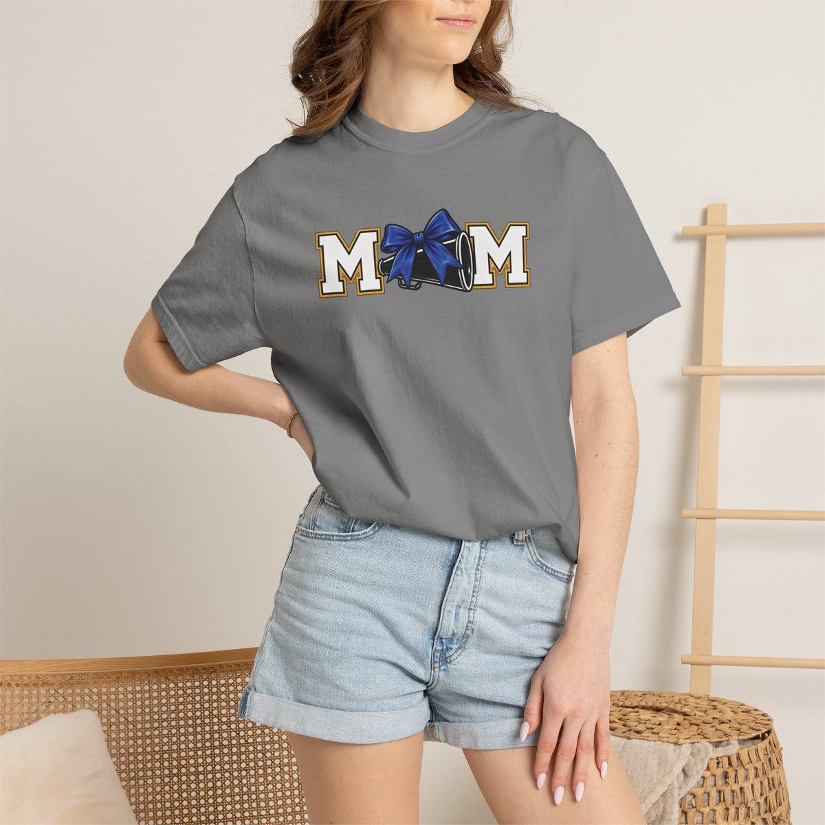 Mom Cheer support T-Shirt — "MOM" with Blue bow & Personalized Back Print