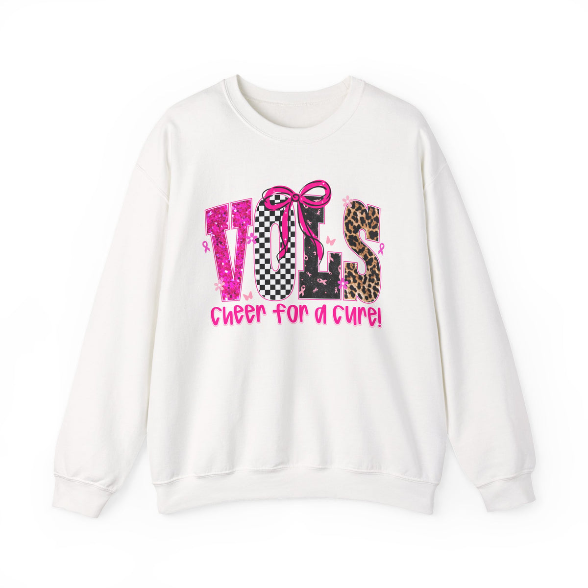 Crewneck Sweatshirt - VOLS Cheer For A Cure Pink Ribbon Leopard & Glitter Design