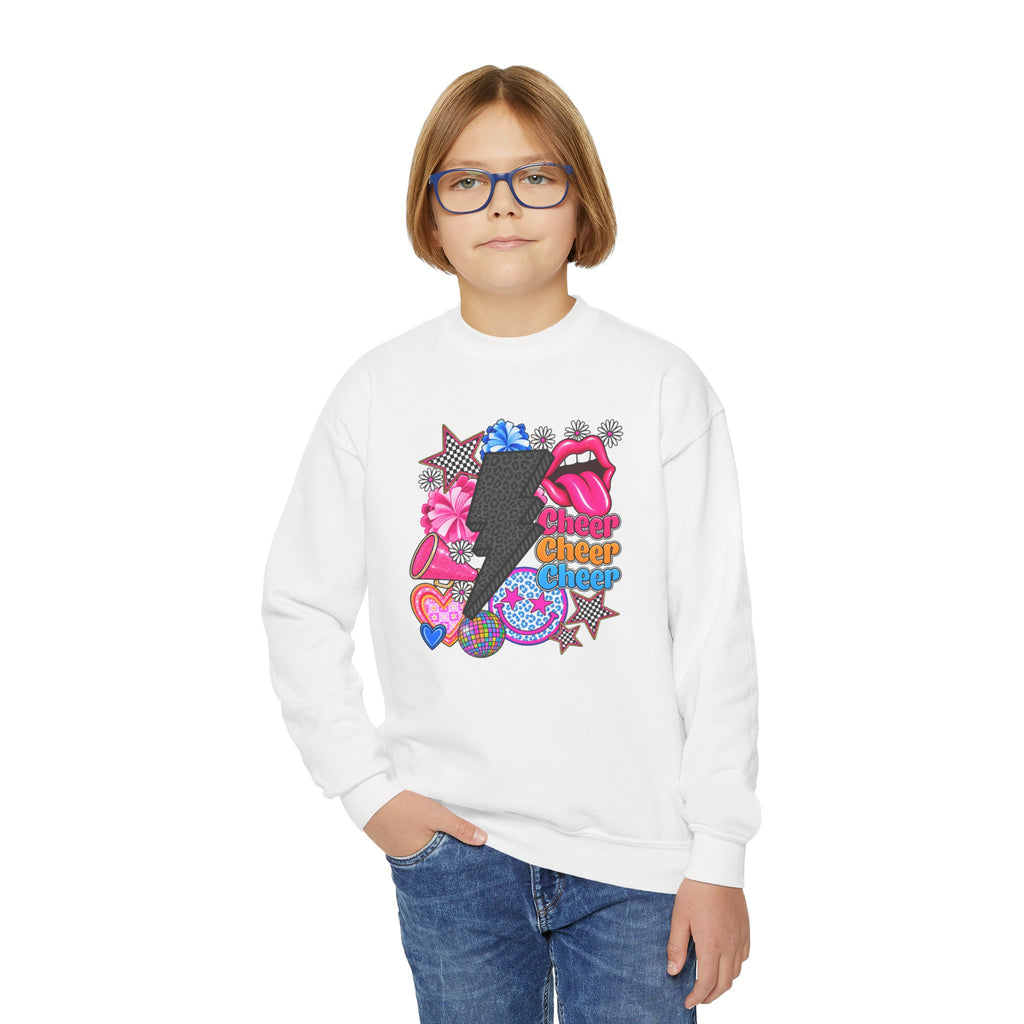 Youth Crewneck Sweatshirt - Retro Glam Lightning Bolt Graphic with 'Queen' Pop Art