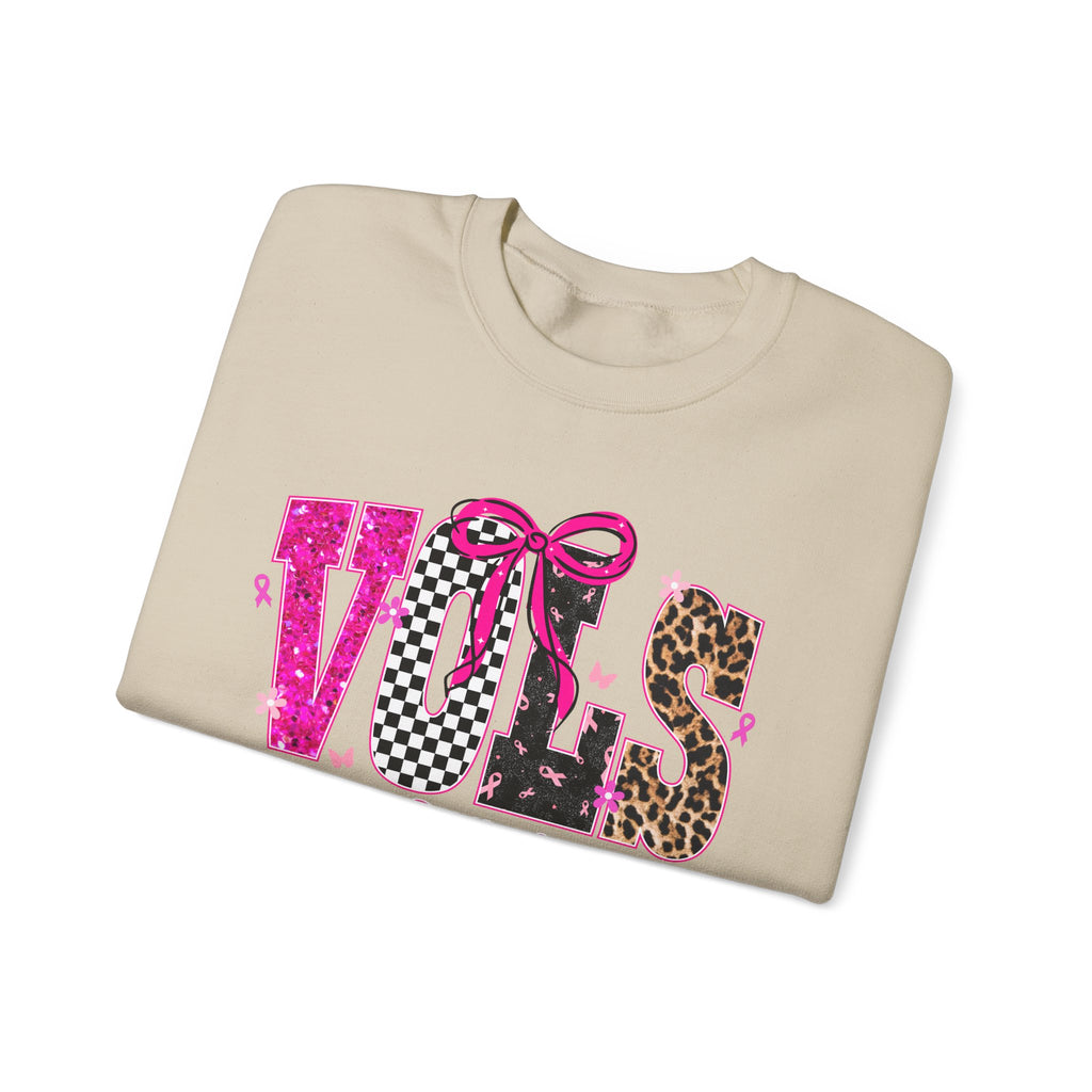 Crewneck Sweatshirt - VOLS Cheer For A Cure Pink Ribbon Leopard & Glitter Design