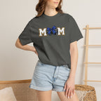 Mom Cheer support T-Shirt — "MOM" with Blue bow & Personalized Back Print