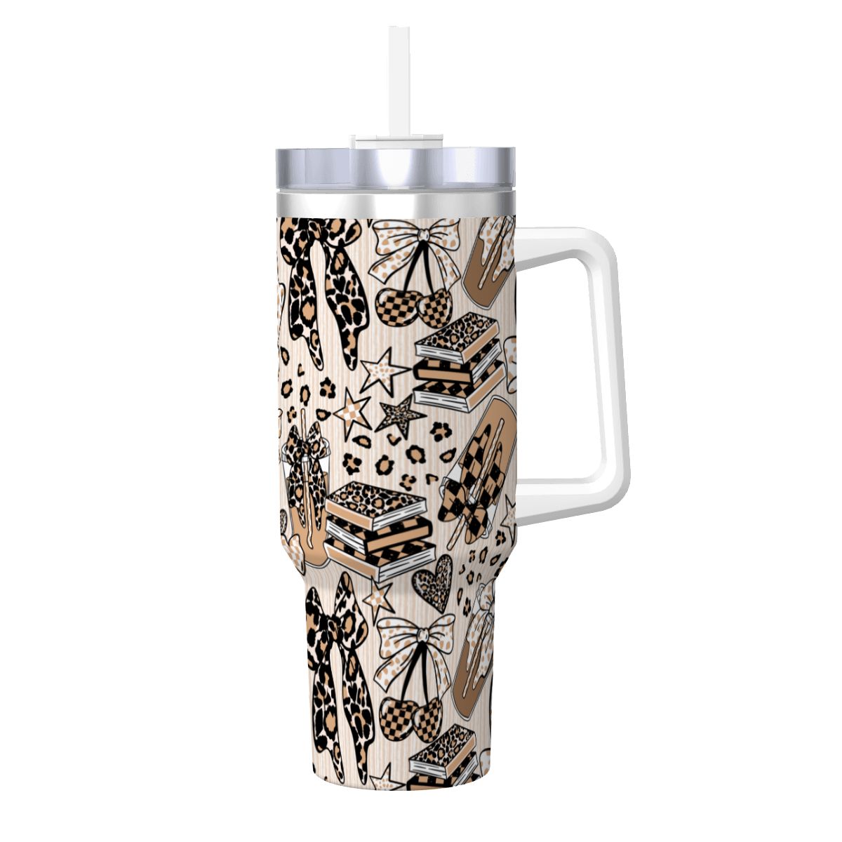 Travel Coffee Mug with Handle and Straw (40oz) BowsBooksCoffeeCheetah