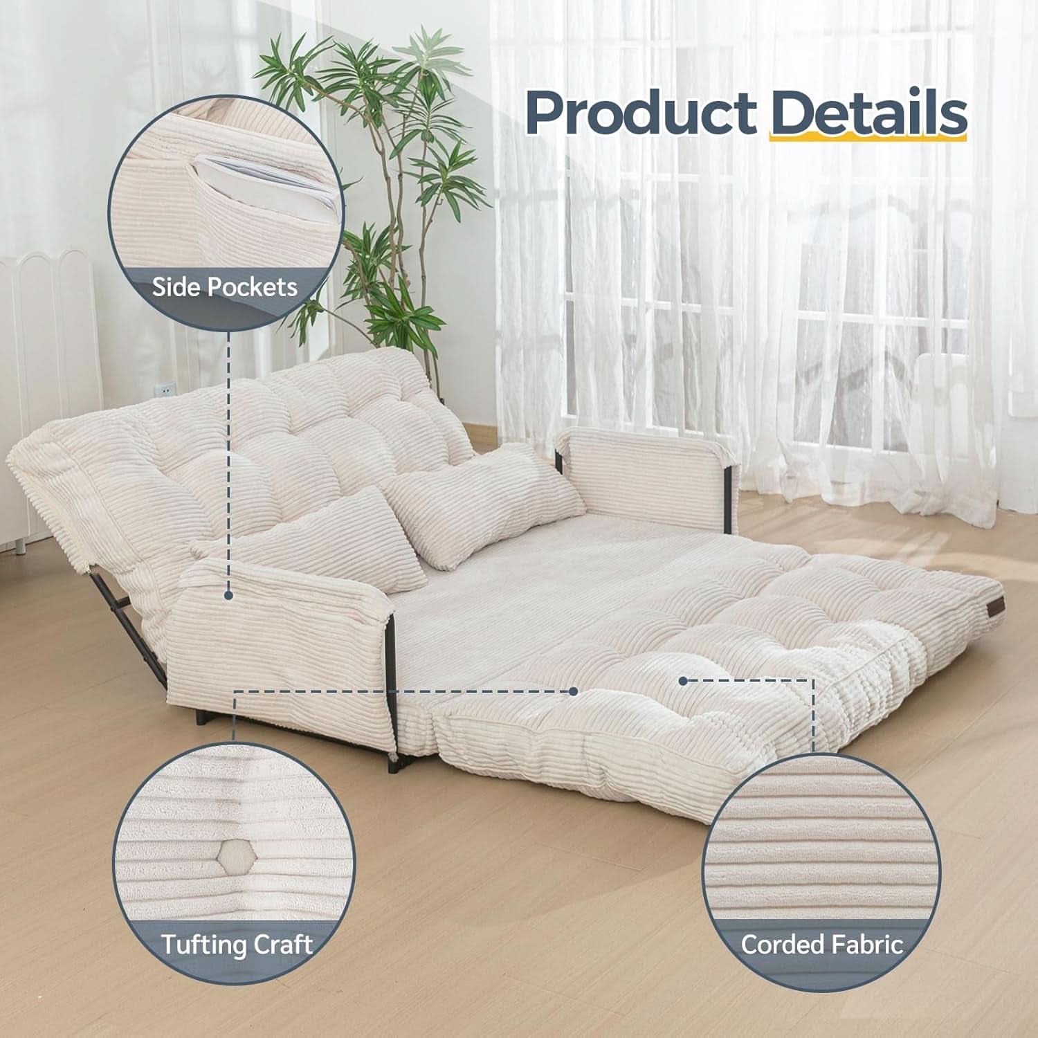 Beige Adjustable Floor Sofa Couch Foldable Sleeper