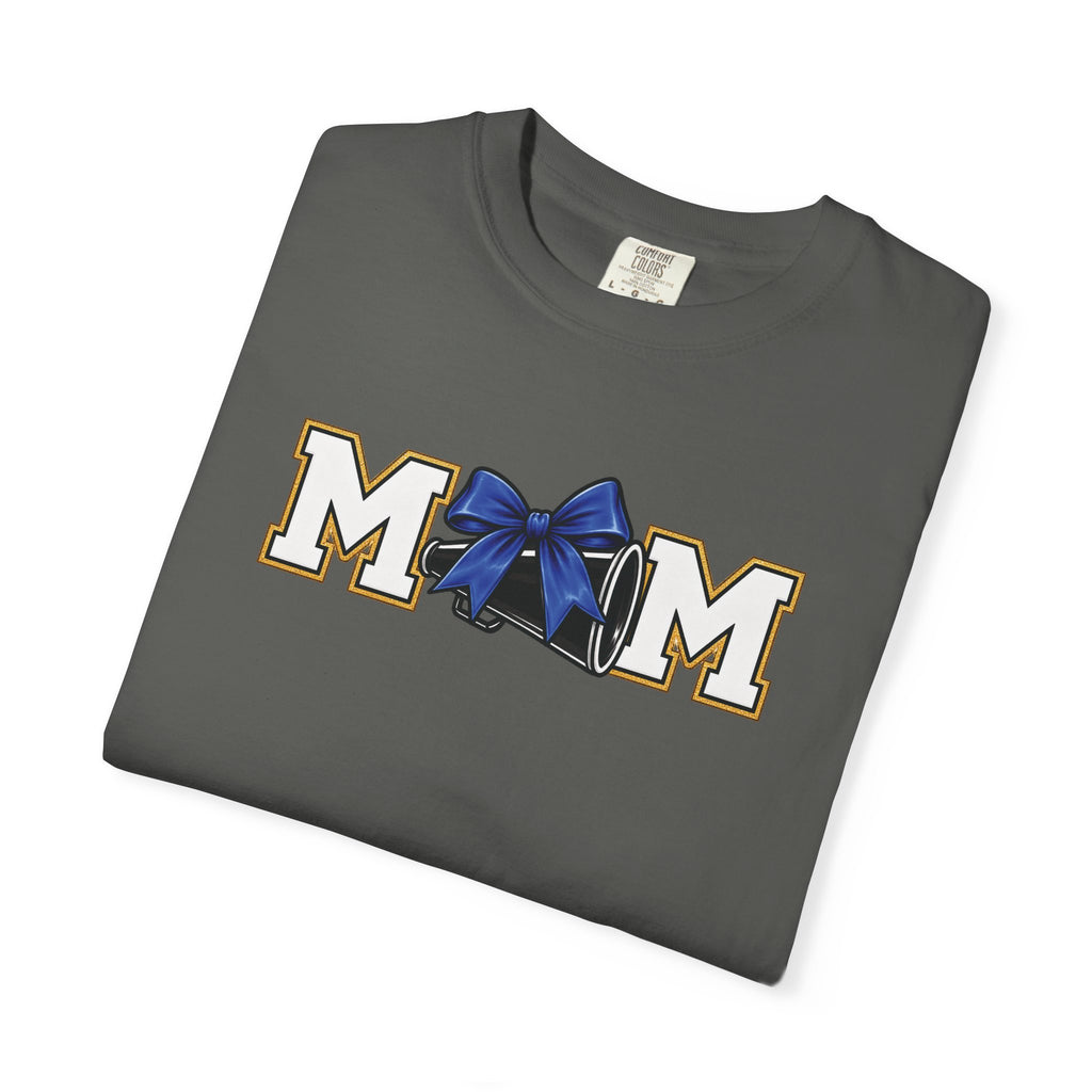 Mom Cheer support T-Shirt — "MOM" with Blue bow & Personalized Back Print