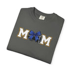 Mom Cheer support T-Shirt — "MOM" with Blue bow & Personalized Back Print