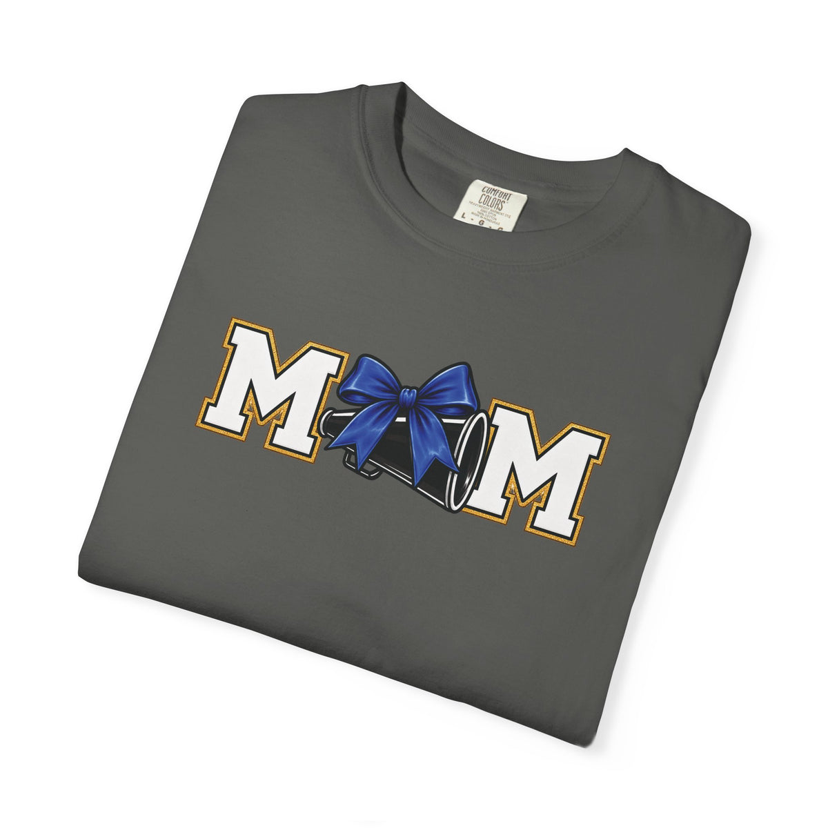 Mom Cheer support T-Shirt — "MOM" with Blue bow & Personalized Back Print