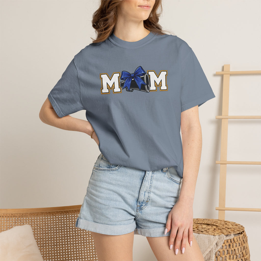 Mom Cheer support T-Shirt — "MOM" with Blue bow & Personalized Back Print