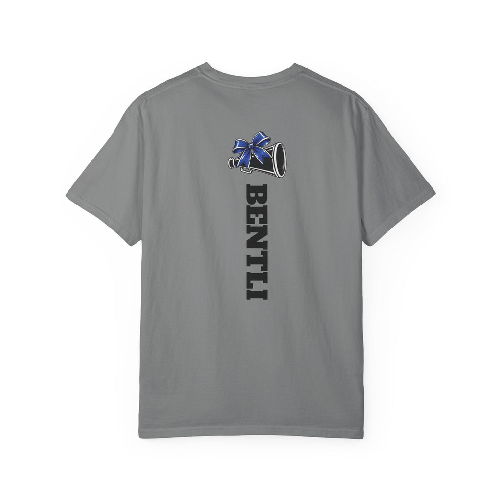 Mom Cheer support T-Shirt — "MOM" with Blue bow & Personalized Back Print