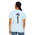Mom Cheer support T-Shirt — "MOM" with Blue bow & Personalized Back Print