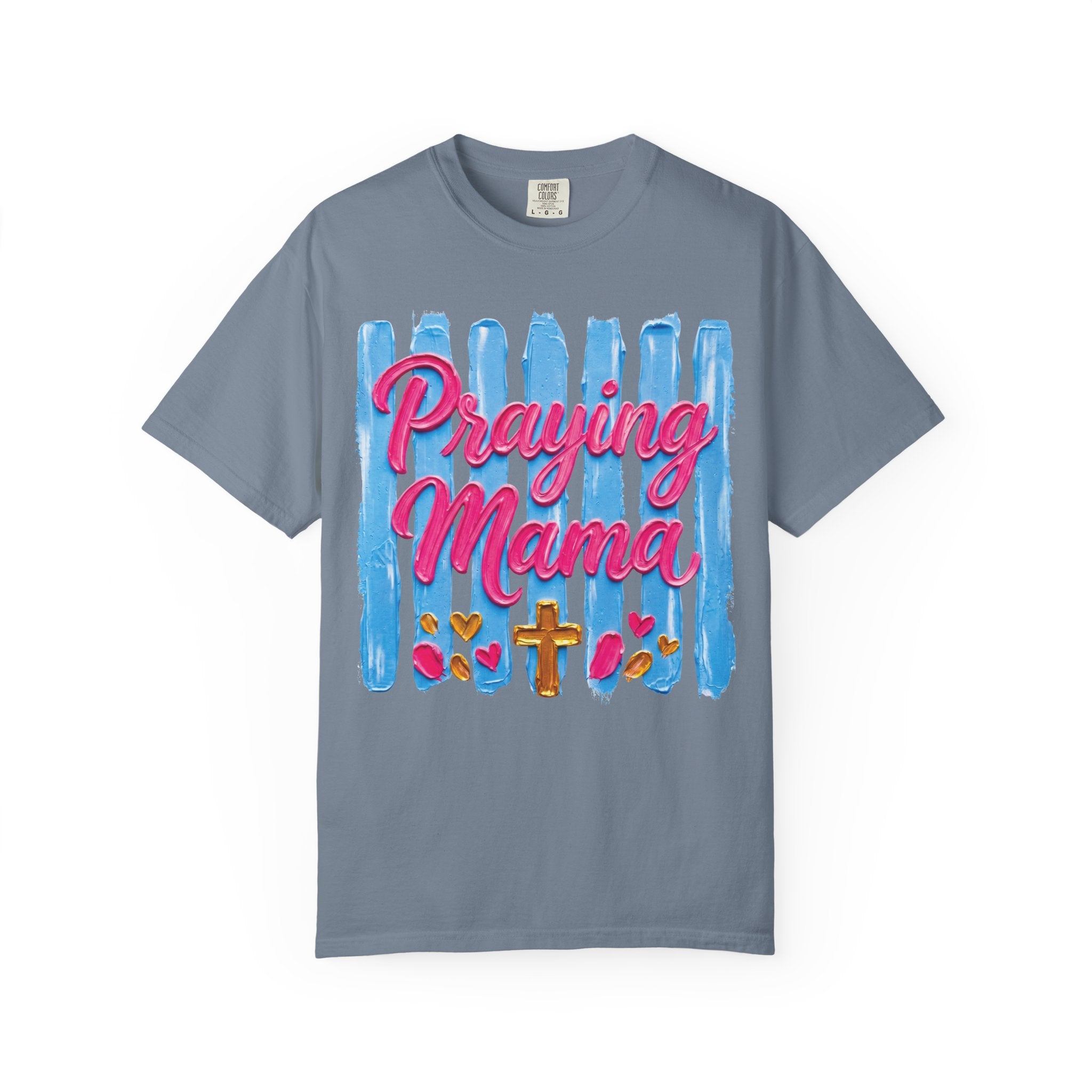Praying Mama T-shirt | Christian Cross, Hearts, Blue Brushstroke
