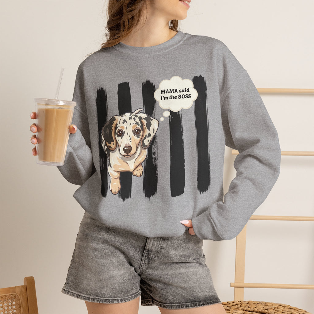 Dachshund Mom Crewneck Sweatshirt – “Mama Said I’m the Boss” Dog Lover Pullover
