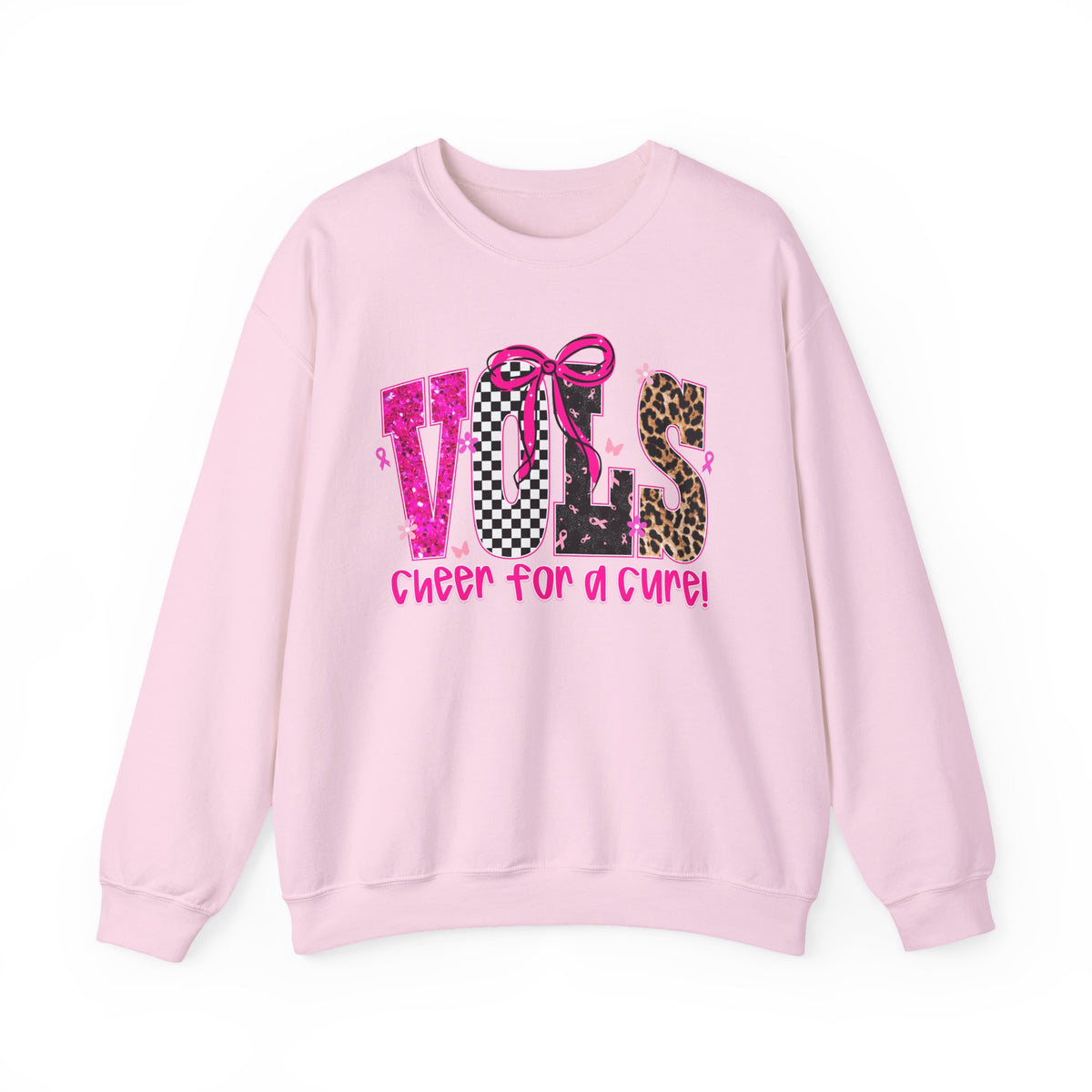 Crewneck Sweatshirt - VOLS Cheer For A Cure Pink Ribbon Leopard & Glitter Design