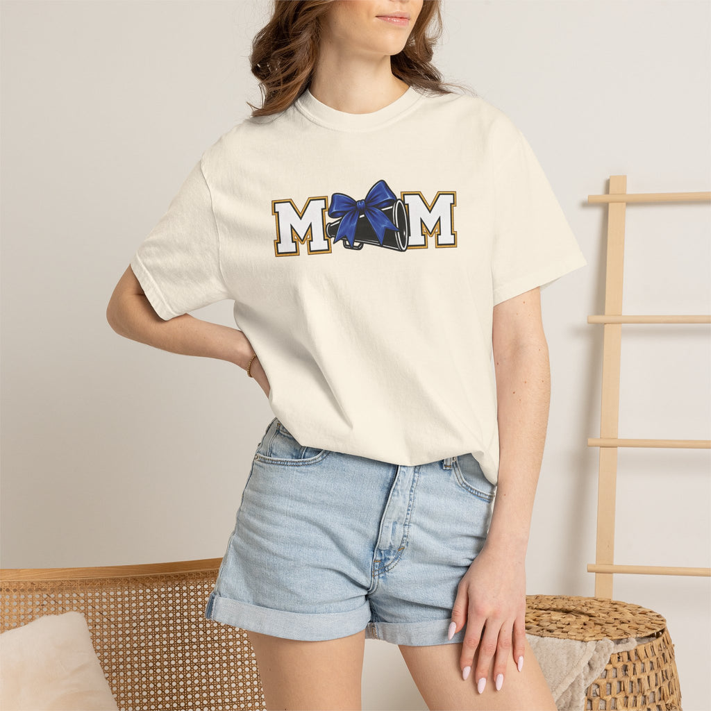 Mom Cheer support T-Shirt — "MOM" with Blue bow & Personalized Back Print