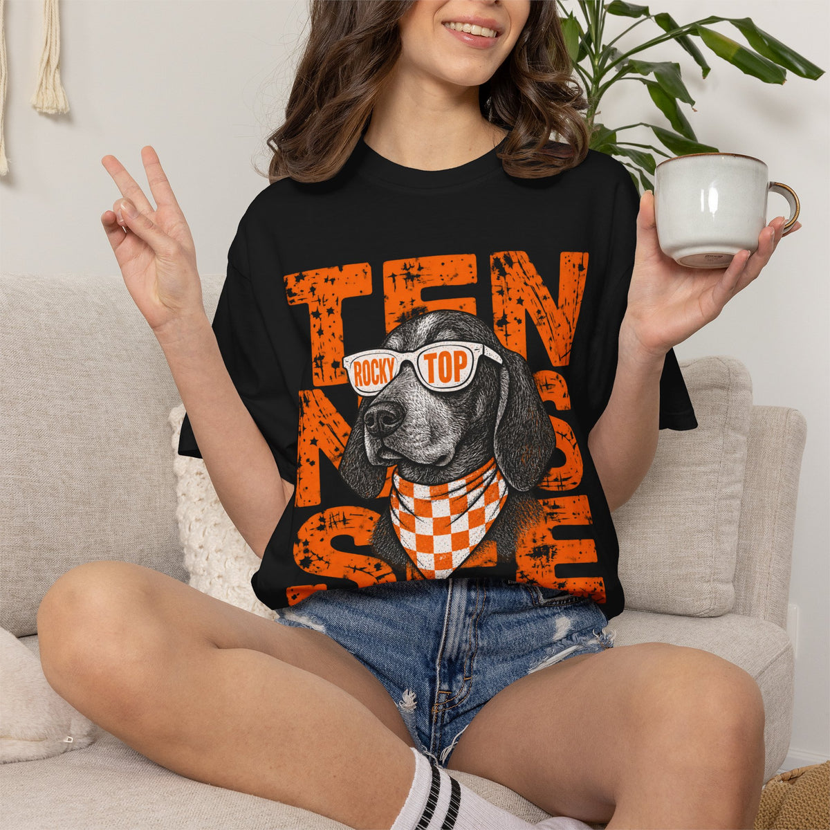 Smokey football dog with Sunglasses and Bandana T-Shirt | Tennessee Vintage Text