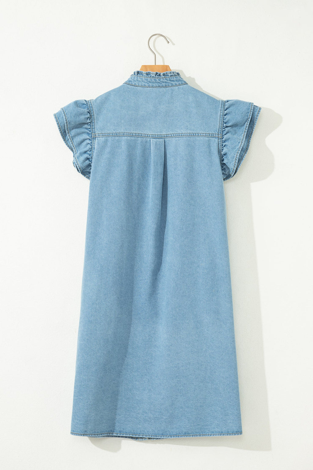 Myosotis Frilled Detail Button Down Ruffle Short Sleeve Denim Mini Dress