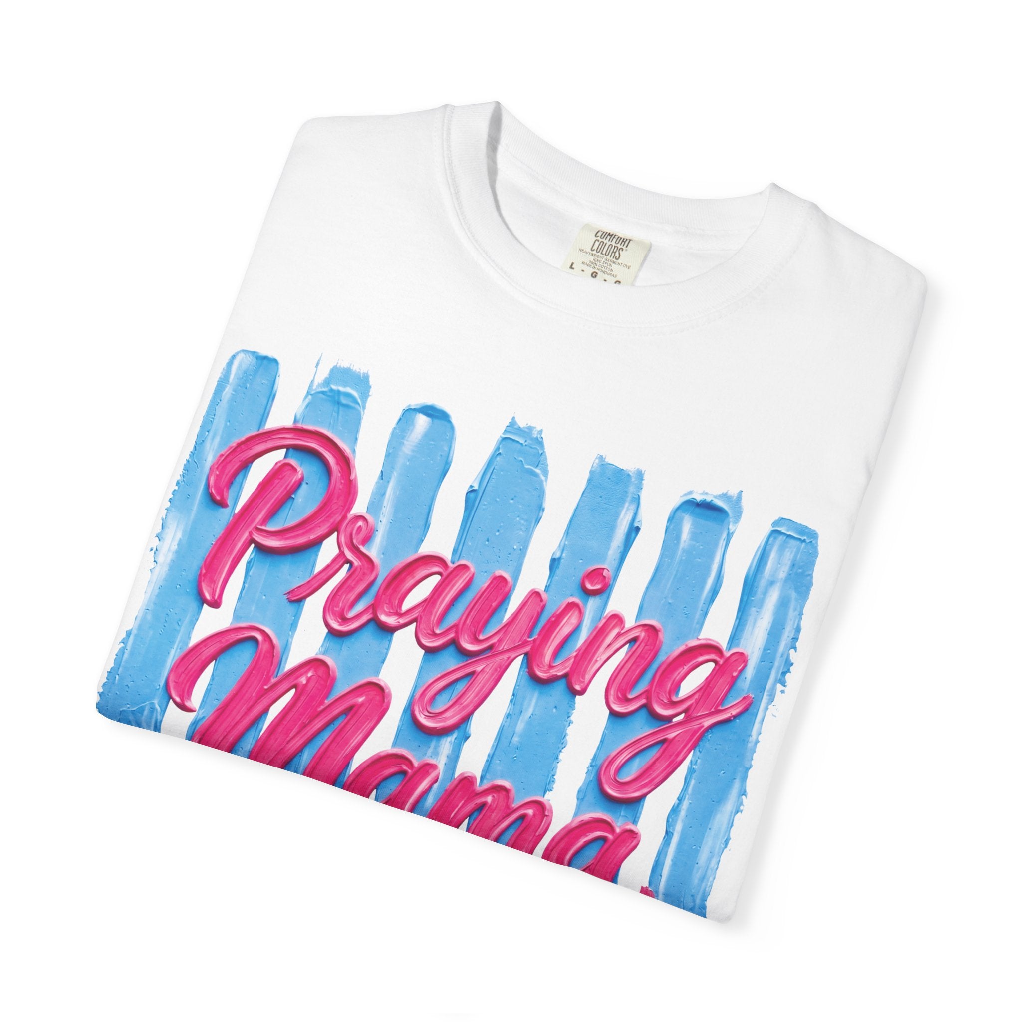 Praying Mama T-shirt | Christian Cross, Hearts, Blue Brushstroke