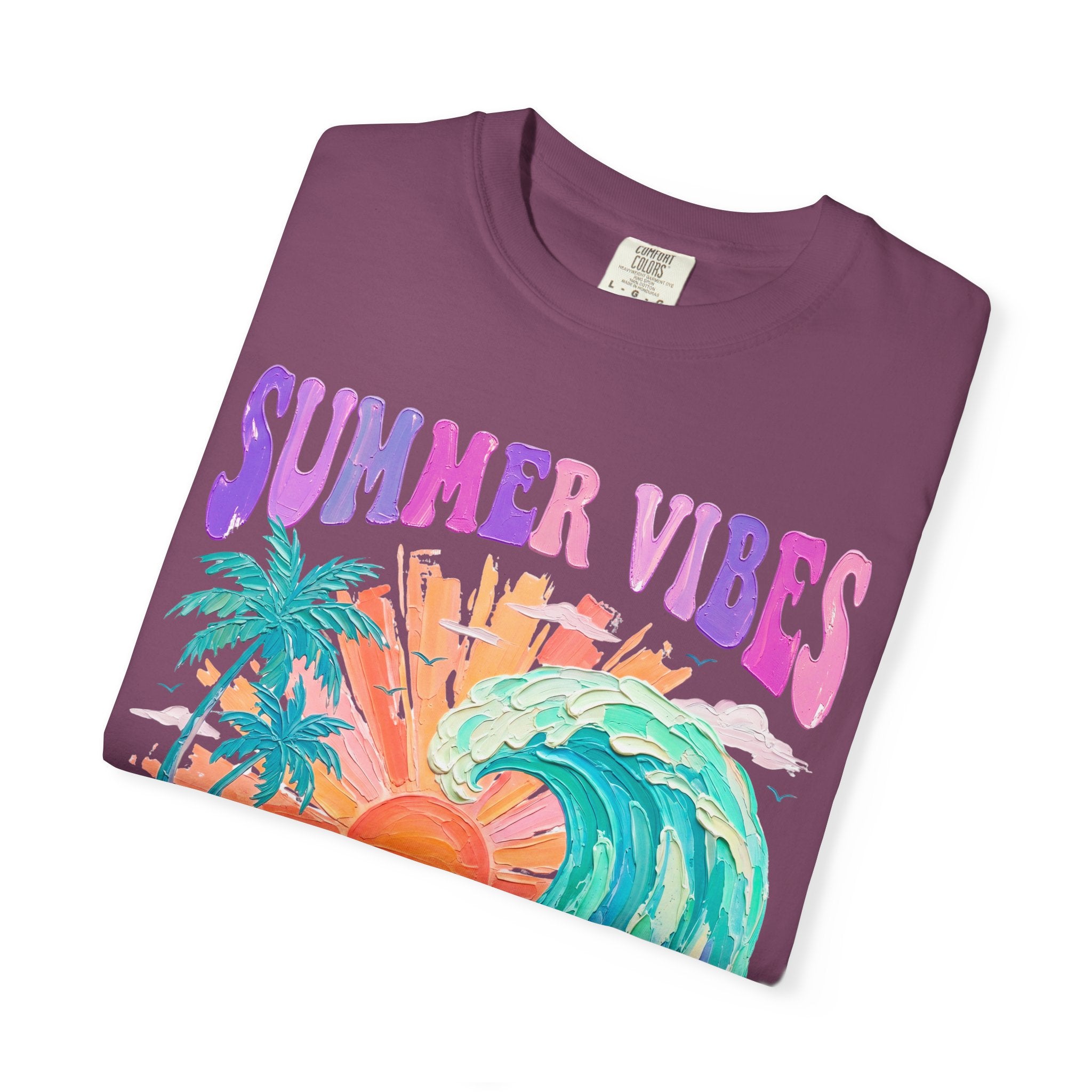 Summer Vibes Wave T-Shirt | Tropical Palm Sunset Hibiscus Beach lover tee