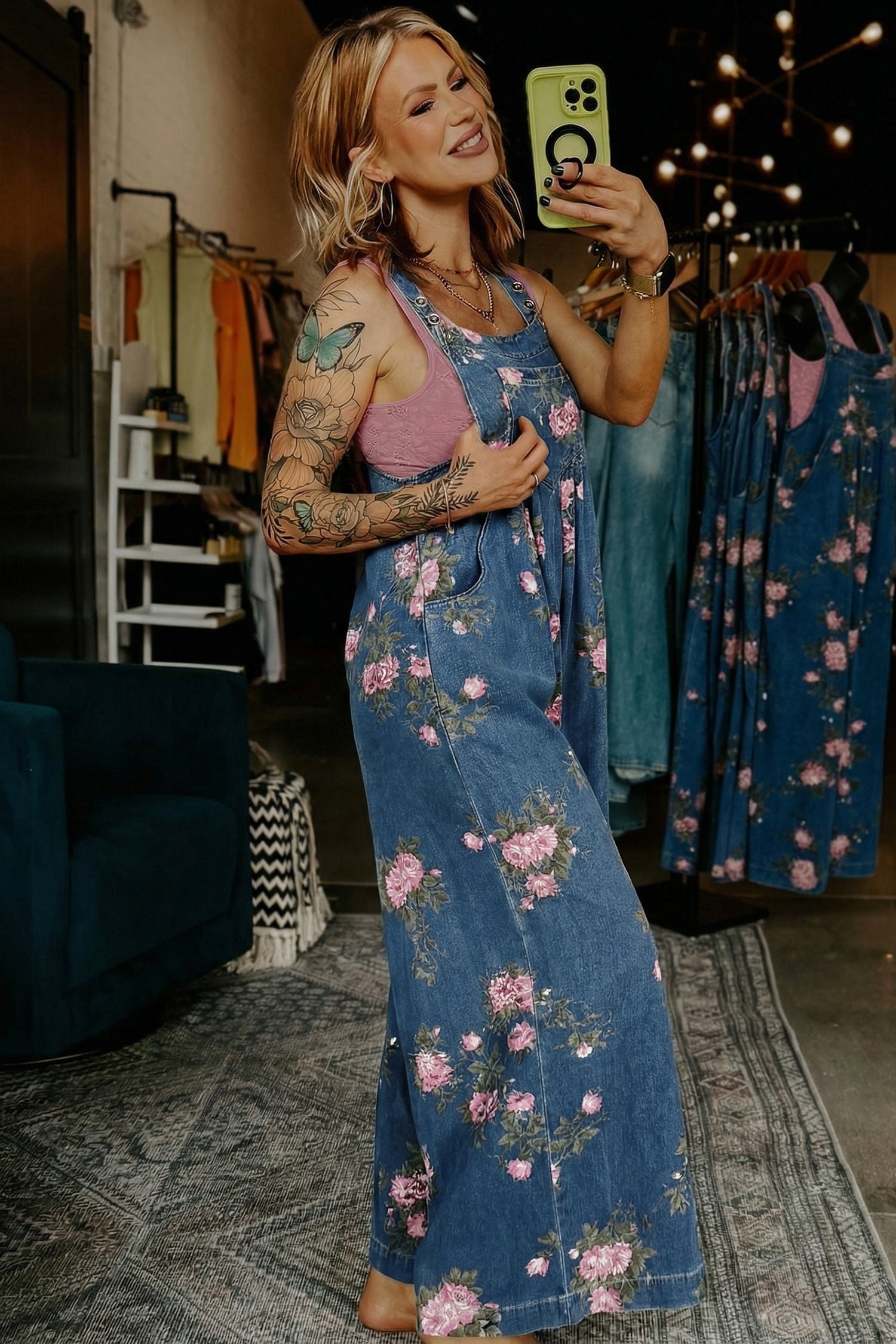 Beau Blue Floral Print Pleated High Waist Wide Leg Denim Jumpsuit