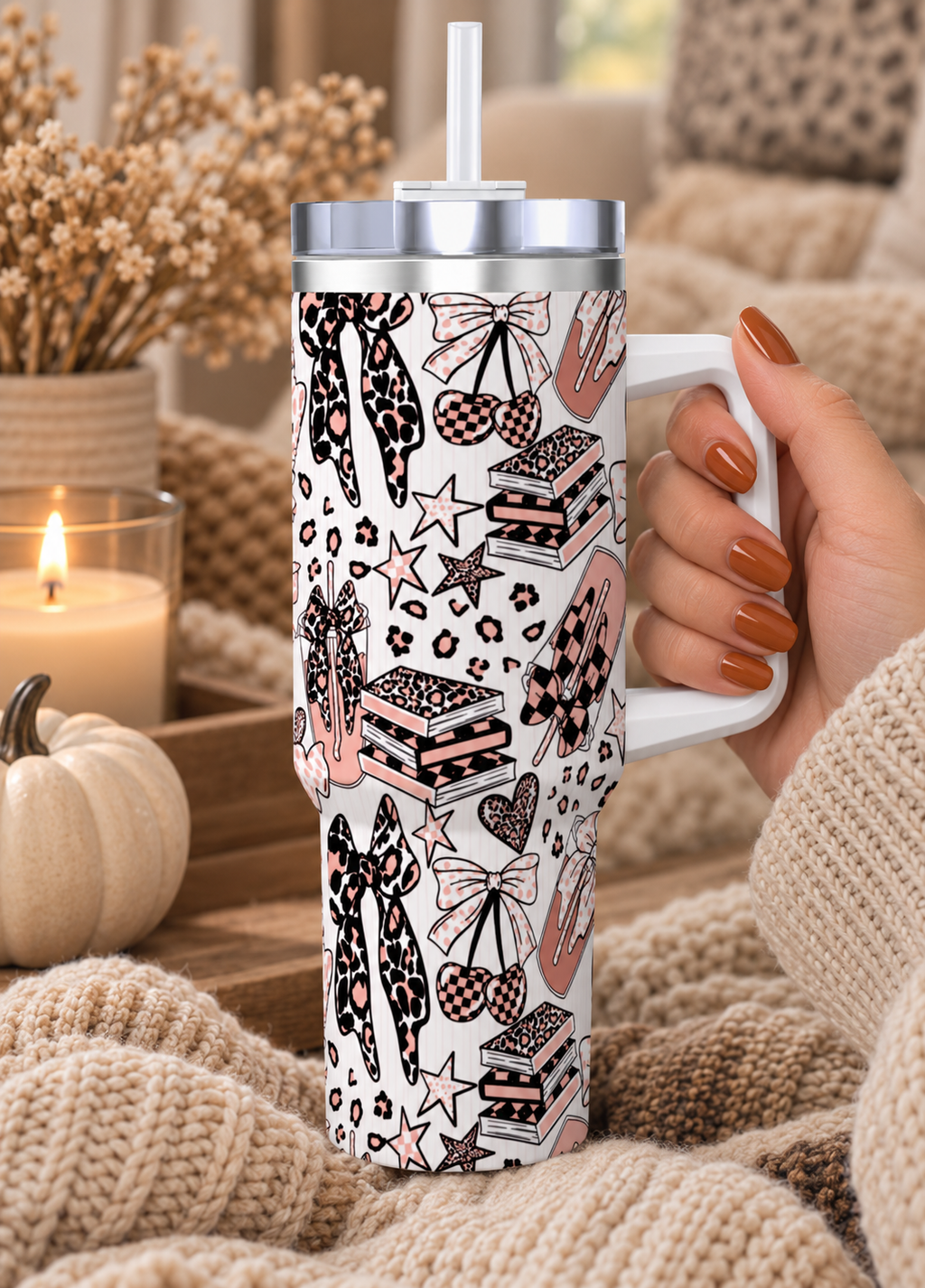 Travel Coffee Mug with Handle and Straw (40oz) BowsBooksCoffeeCheetah