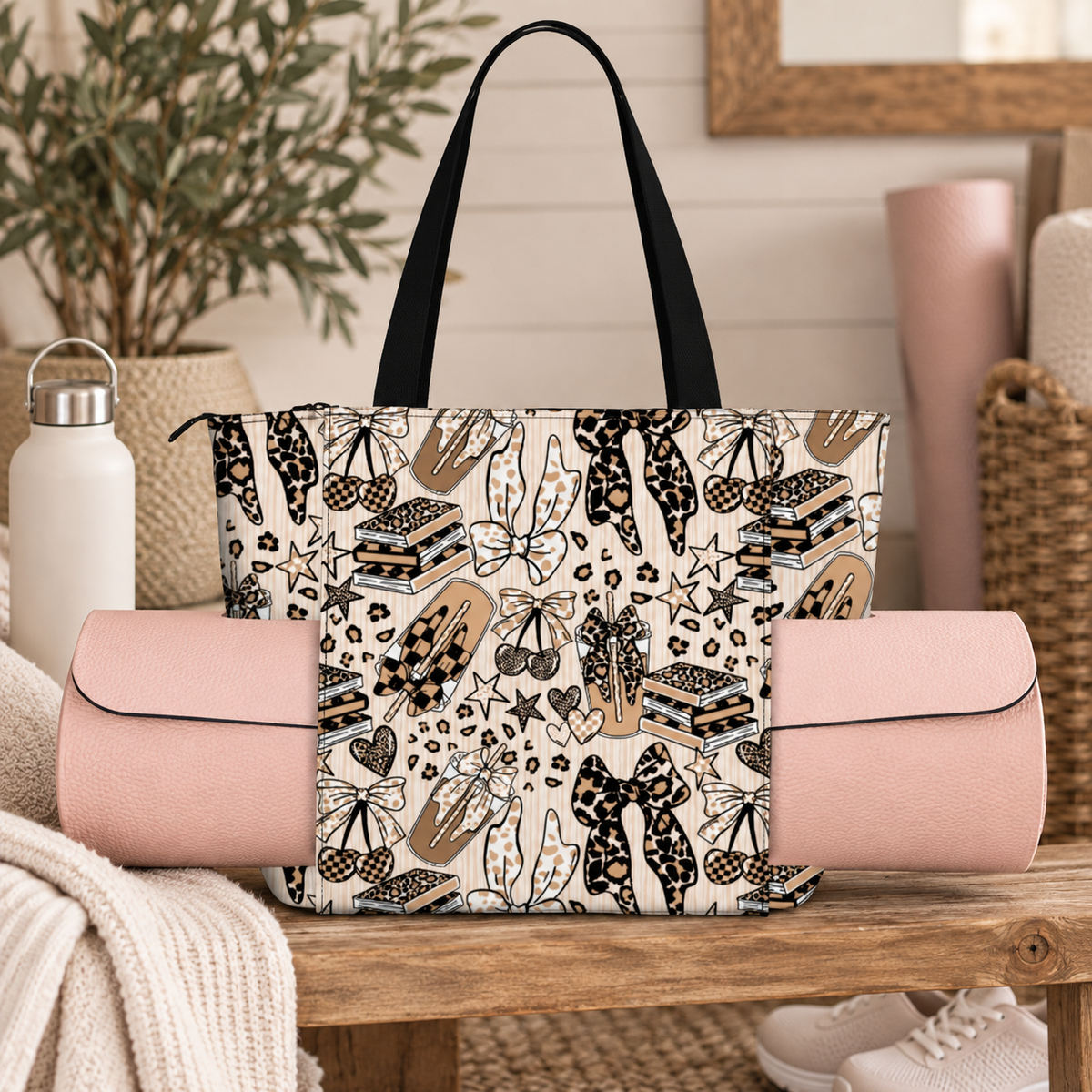 Yoga Bag with Yoga Mat Carrier Cheetah Bows Coffee