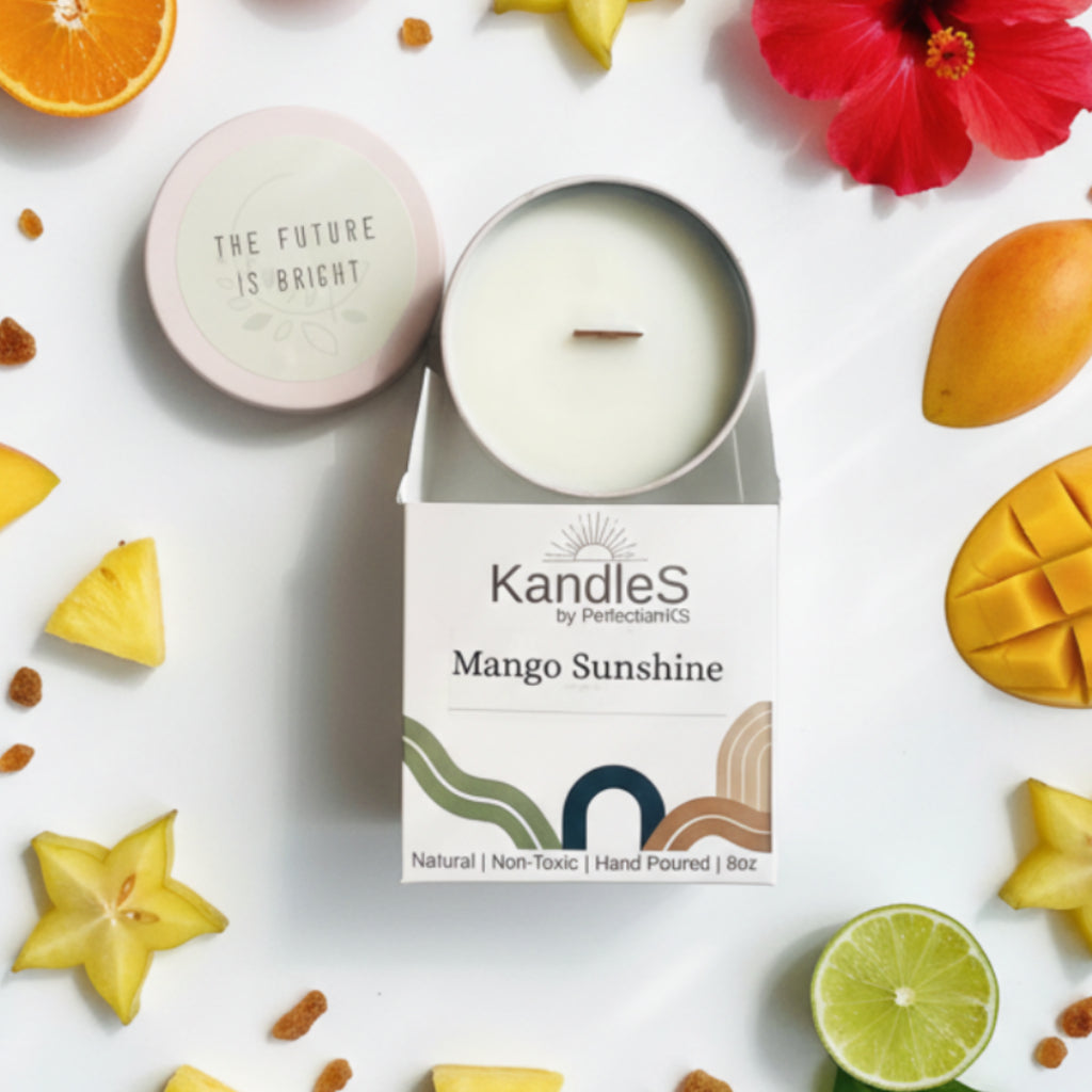 Mango Sunshine Luxury Candle | 8oz Non-Toxic Soy Candle with Wooden Wick | Clean Burn