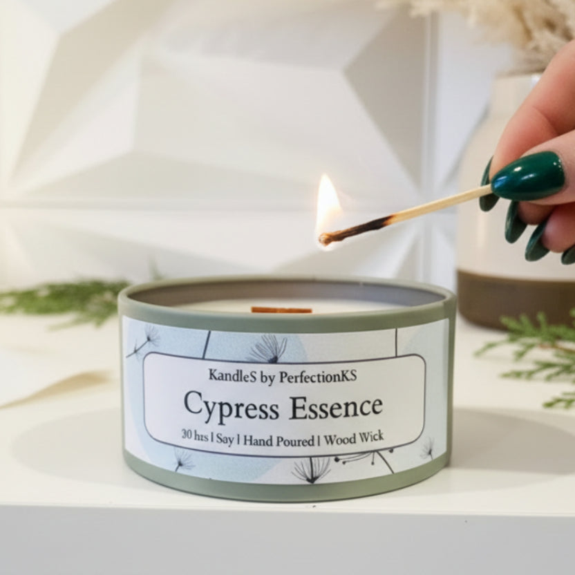Cypress Essence Luxury Candle | 8oz Non-Toxic Soy Candle with Wooden Wick | Clean Burn