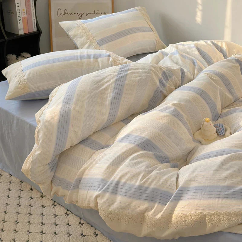 DecorBites™ Lavender Lace Bedding Set: Single Queen Size Duvet, Sheet, Pillowcases