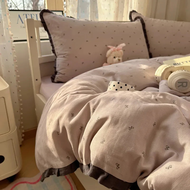 DecorBites™ Lace Duvet Cover Bedding Set 4Pcs French Washed Cotton for Single Double Bed