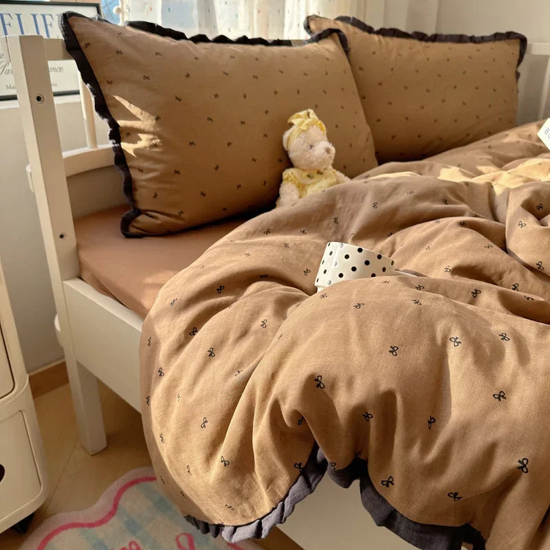 DecorBites™ Lace Duvet Cover Bedding Set 4Pcs French Washed Cotton for Single Double Bed