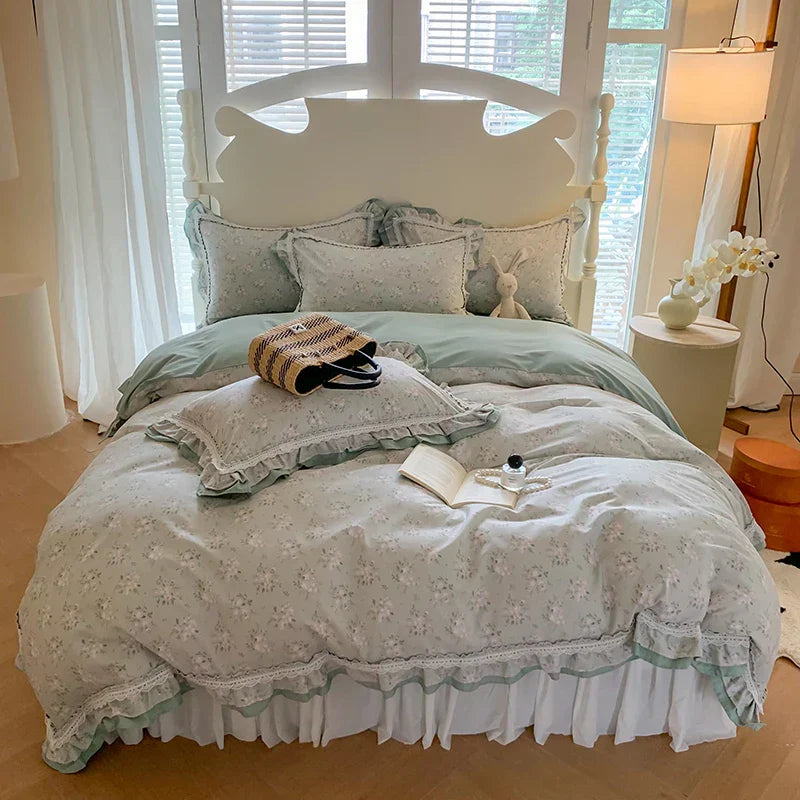 DecorBites™ Lace Ruffles Cotton Floral Duvet Set with Pillowcase, Princess Bedding