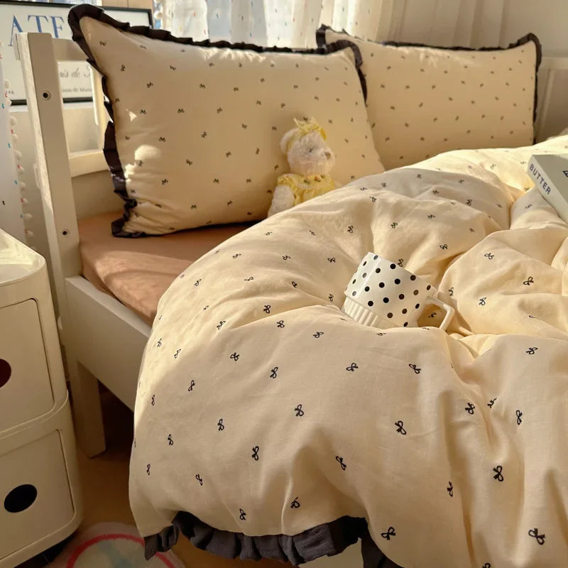 DecorBites™ Lace Duvet Cover Bedding Set 4Pcs French Washed Cotton for Single Double Bed