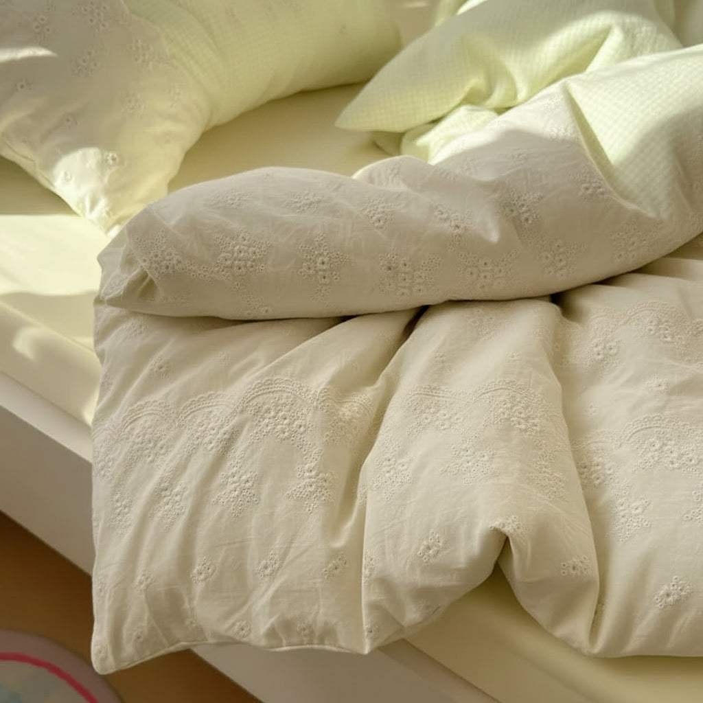 DecorBites™ Lace Duvet Cover Bedding Set 4Pcs French Washed Cotton for Single Double Bed