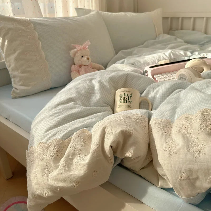 DecorBites™ Lace Duvet Cover Bedding Set 4Pcs French Washed Cotton for Single Double Bed