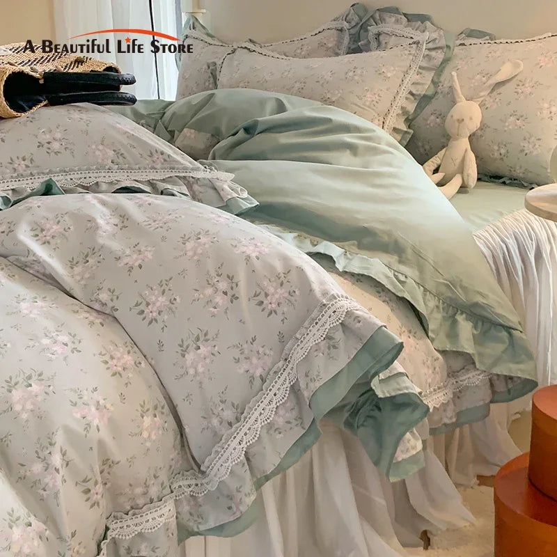 DecorBites™ Lace Ruffles Cotton Floral Duvet Set with Pillowcase, Princess Bedding