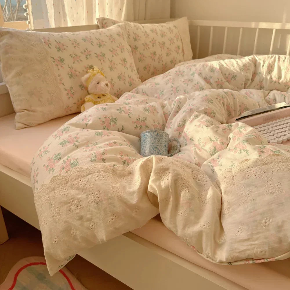 DecorBites™ Lace Duvet Cover Bedding Set 4Pcs French Washed Cotton for Single Double Bed