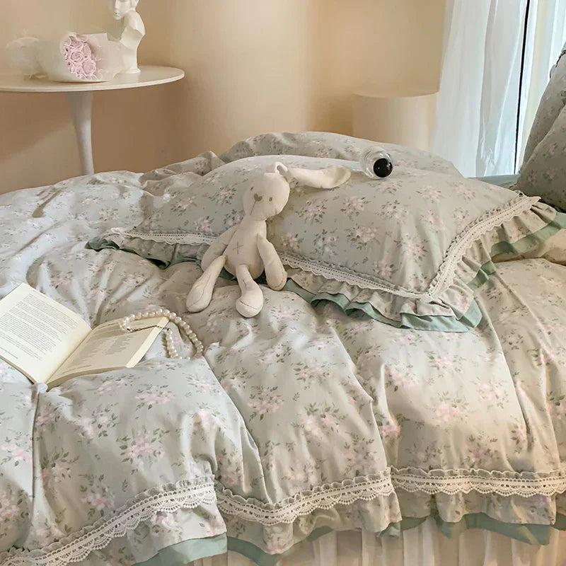 DecorBites™ Lace Ruffles Cotton Floral Duvet Set with Pillowcase, Princess Bedding