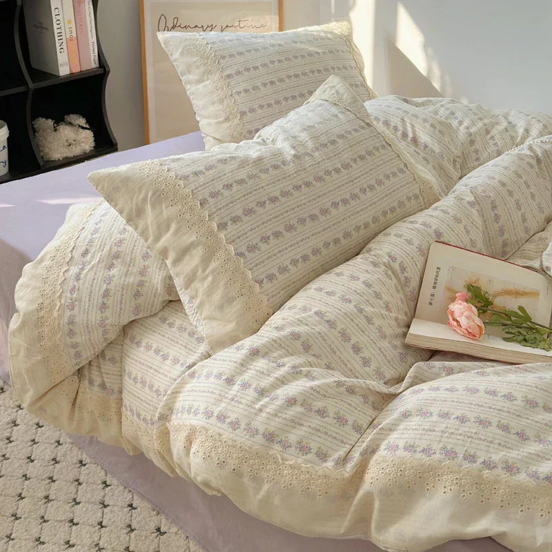 DecorBites™ Lavender Lace Bedding Set: Single Queen Size Duvet, Sheet, Pillowcases