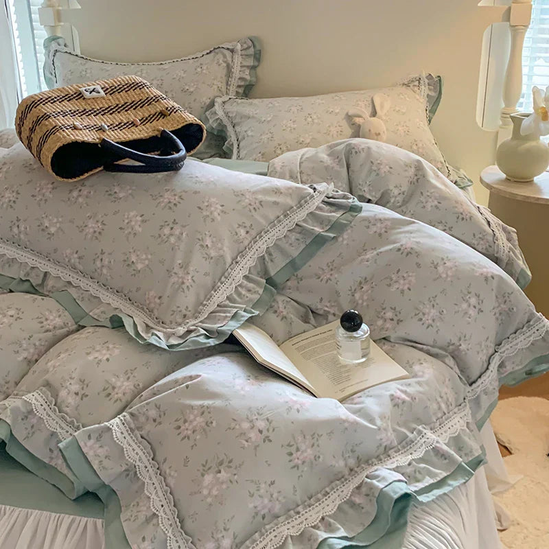 DecorBites™ Lace Ruffles Cotton Floral Duvet Set with Pillowcase, Princess Bedding