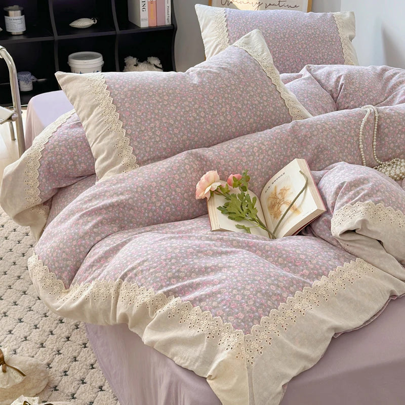 DecorBites™ Lavender Lace Bedding Set: Single Queen Size Duvet, Sheet, Pillowcases