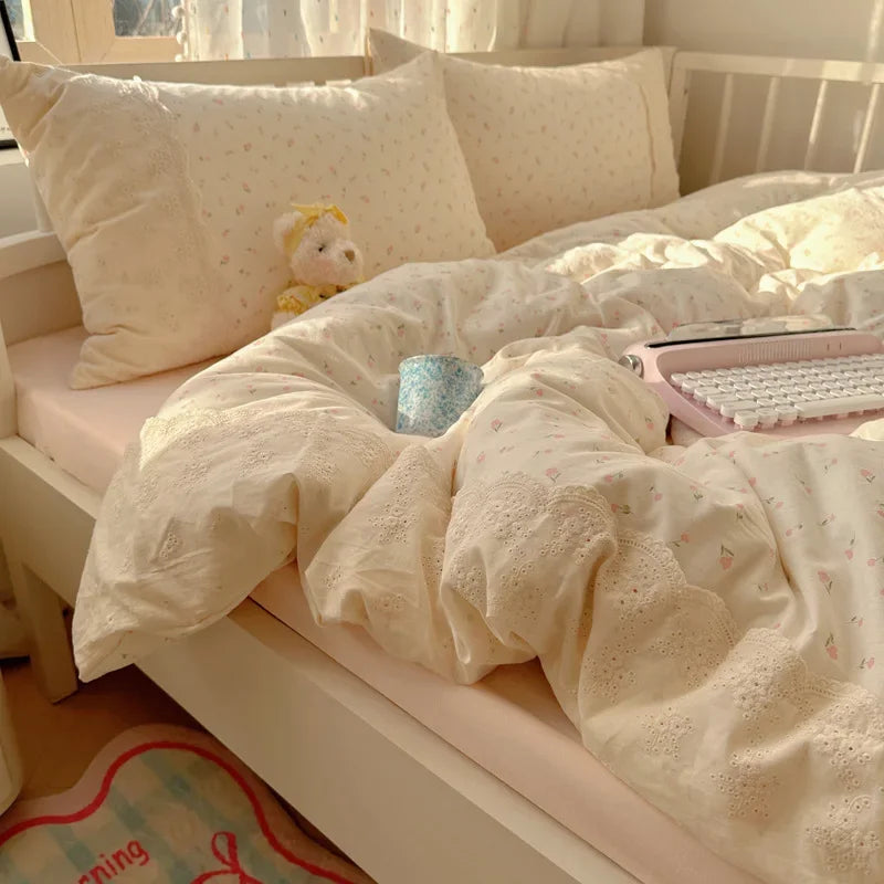 DecorBites™ Lace Duvet Cover Bedding Set 4Pcs French Washed Cotton for Single Double Bed