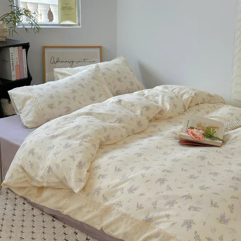DecorBites™ Lavender Lace Bedding Set: Single Queen Size Duvet, Sheet, Pillowcases