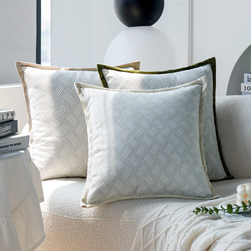 18"x18" square throw pillow set | herringbone trio | neutral white & olive green accents | 3-piece collection + insert options