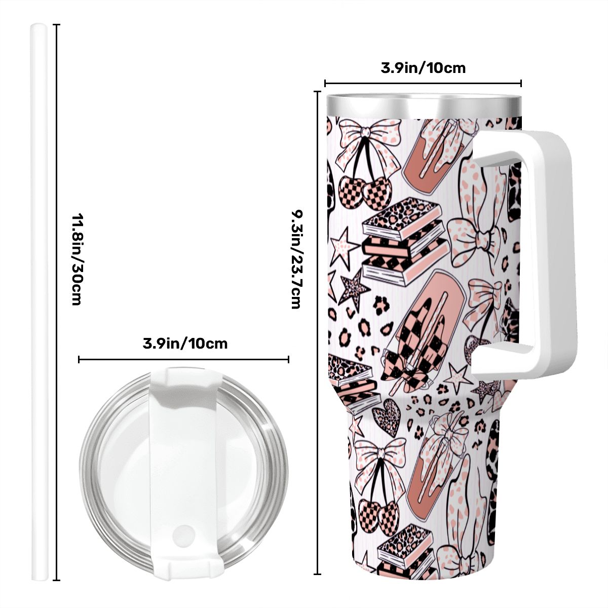 Travel Coffee Mug with Handle and Straw (40oz) BowsBooksCoffeeCheetah