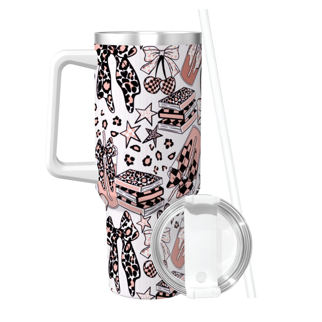Travel Coffee Mug with Handle and Straw (40oz) BowsBooksCoffeeCheetah