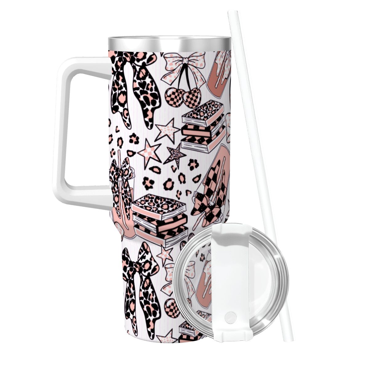 Travel Coffee Mug with Handle and Straw (40oz) BowsBooksCoffeeCheetah