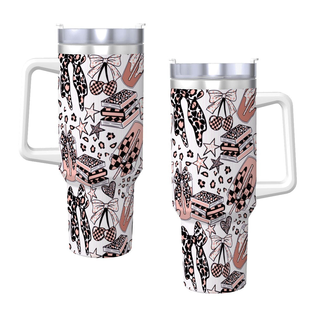 Travel Coffee Mug with Handle and Straw (40oz) BowsBooksCoffeeCheetah