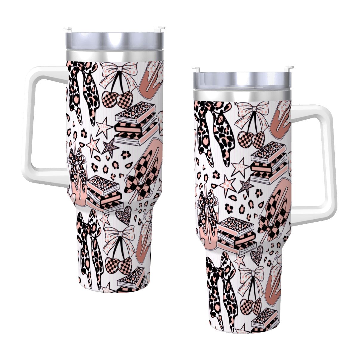 Travel Coffee Mug with Handle and Straw (40oz) BowsBooksCoffeeCheetah